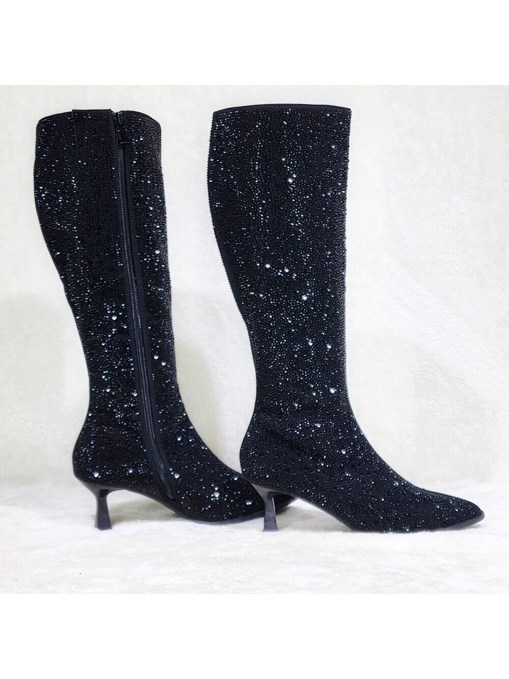 NIB Kitty Sparkling Black Rhinestone Knee Boots 2.5" Kitten Heels Wide Calf Fri